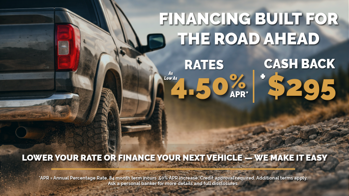 Modern truck on Mountain background. Text says rates as low as 4.75% APR.