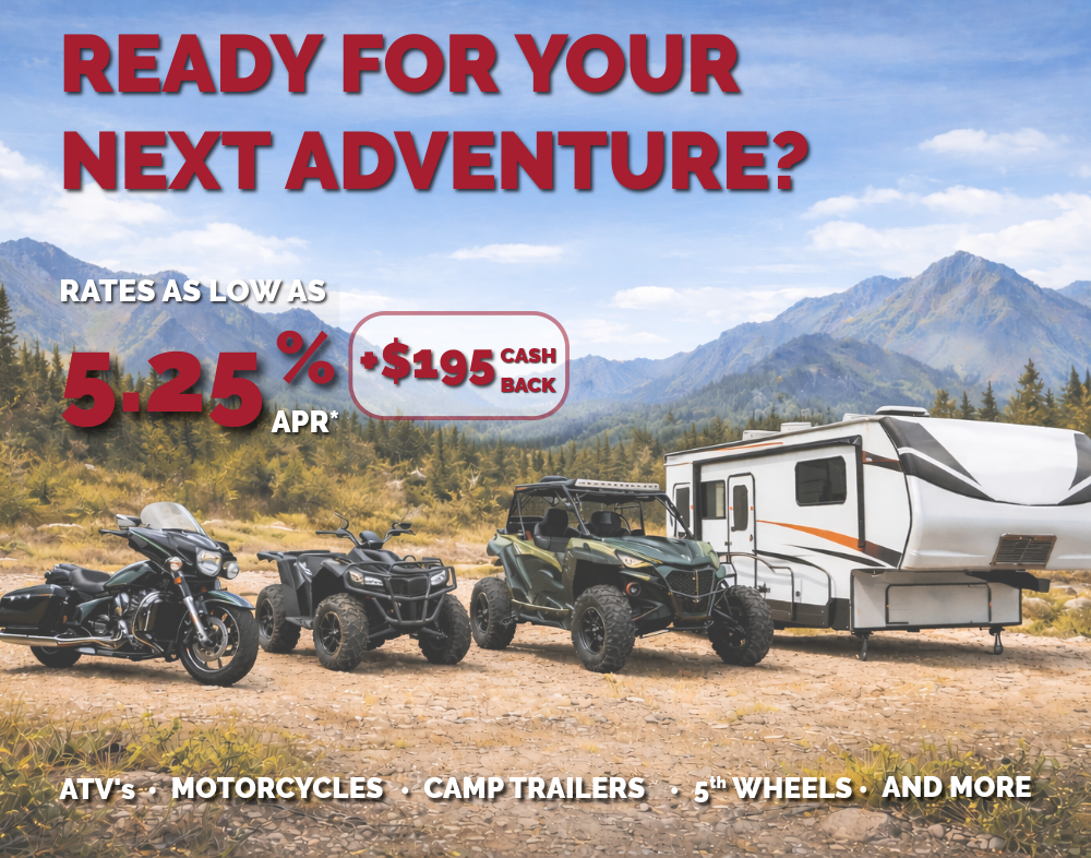 Recreational Vehicles on Mountain background. Text says rates as low as 5.25% APR.